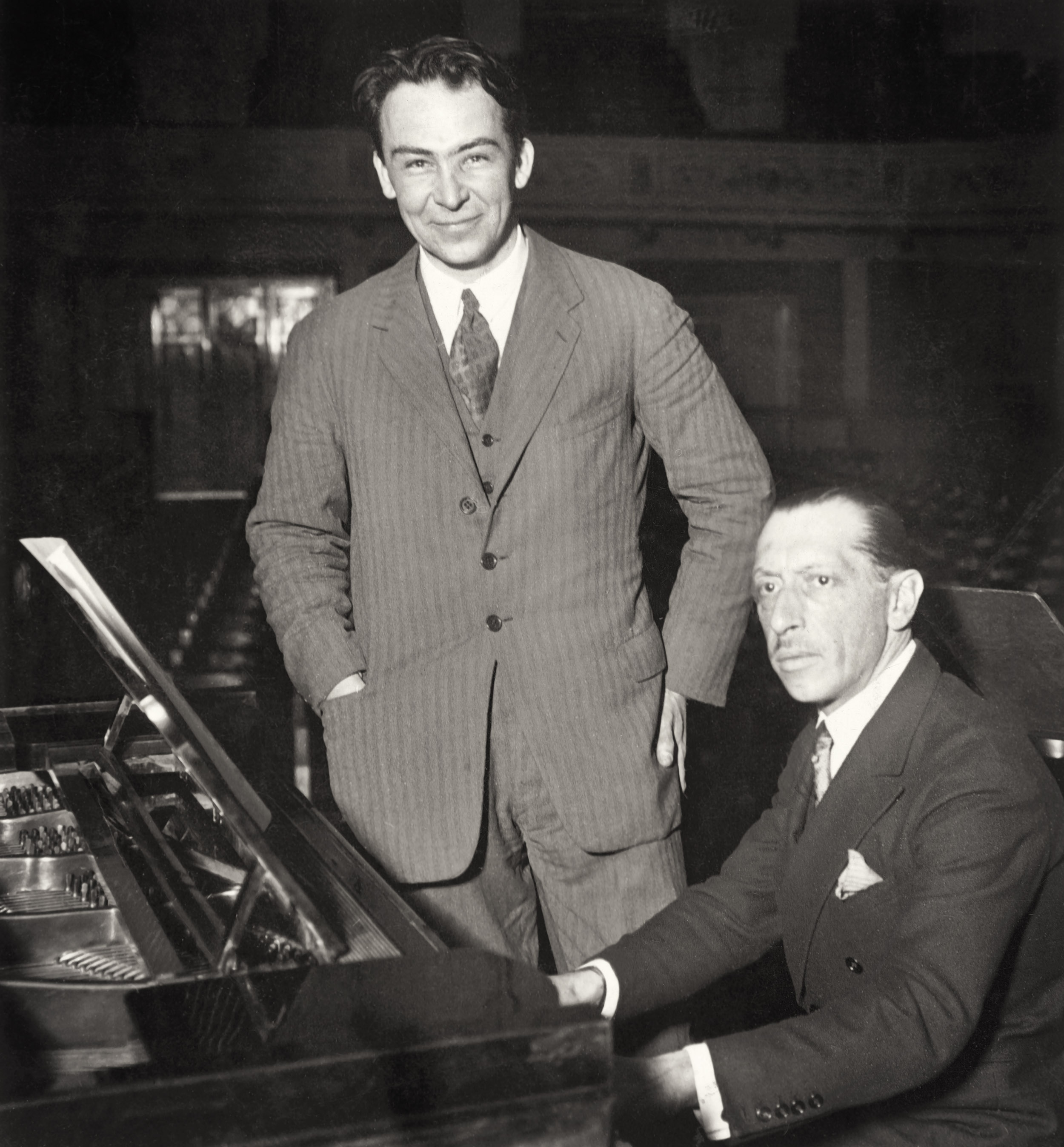 Portrait of Dutch conductor Dirk Fock and Russian composer Igor Stravinsky (b/w photo)