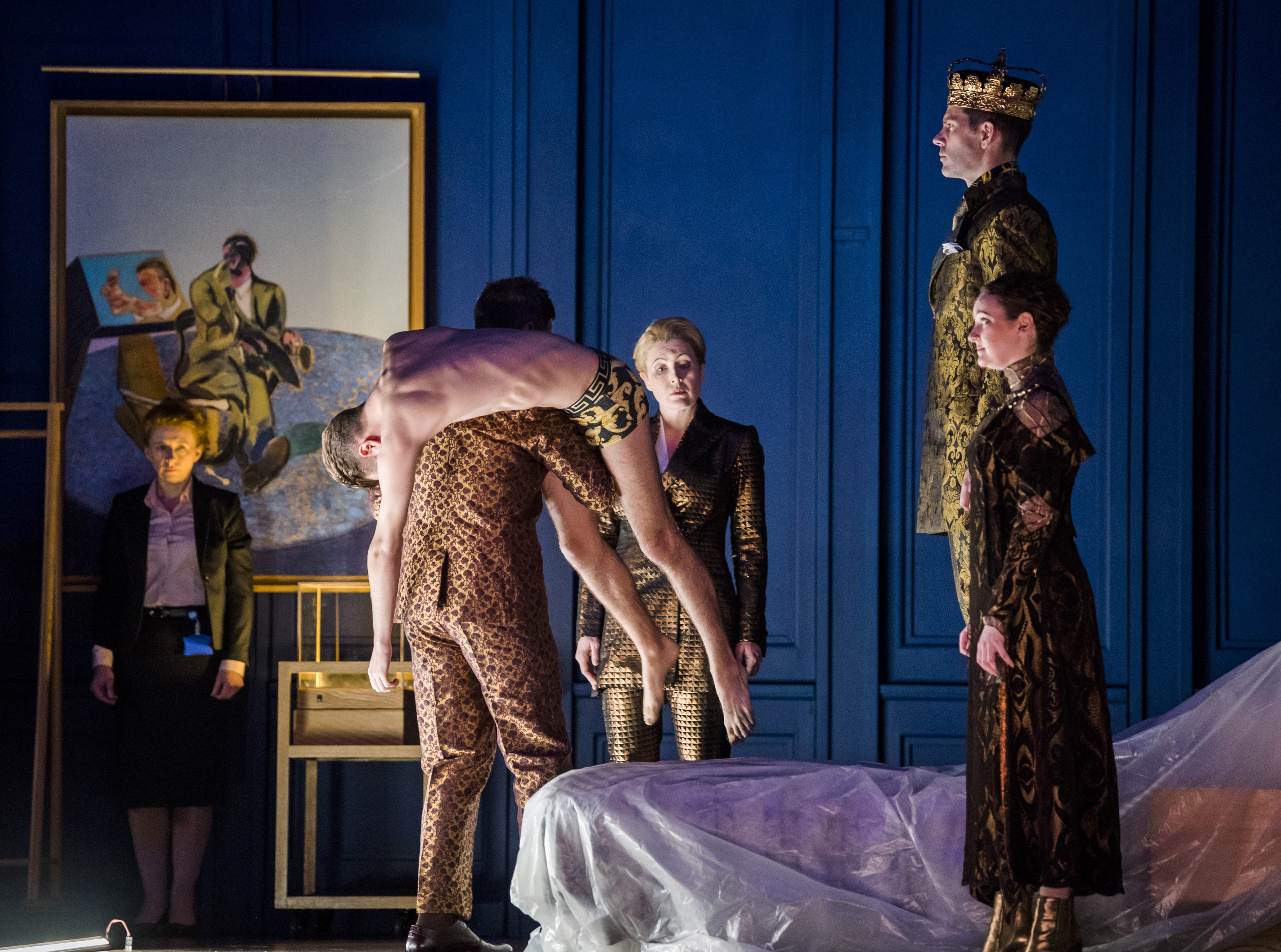 Embargo on image use until 9.45pm on 10-05-18.LESSONS IN LOVE AND VIOLENCE Ð Image restrictions
Dear All
The production of Lessons in Love and Violence features four reproductions of paintings by Francis Bacon.
Use of photography that include Bacon works will need to be approved by the Estate of Francis Bacon except for editorial use by press photographers, however, all photographers need to be aware that the set includes the Bacon reproductions and they can only use images (or footage) in accordance with the fair dealing exceptions in the Copyright, Designs and Patents Act 1988, Section 30.
Images can therefore be used in news items and reviews relating to this production, but for no other purpose. No photographs containing any of the reproductions of Francis Bacon images are allowed to be lodged with any photo library.