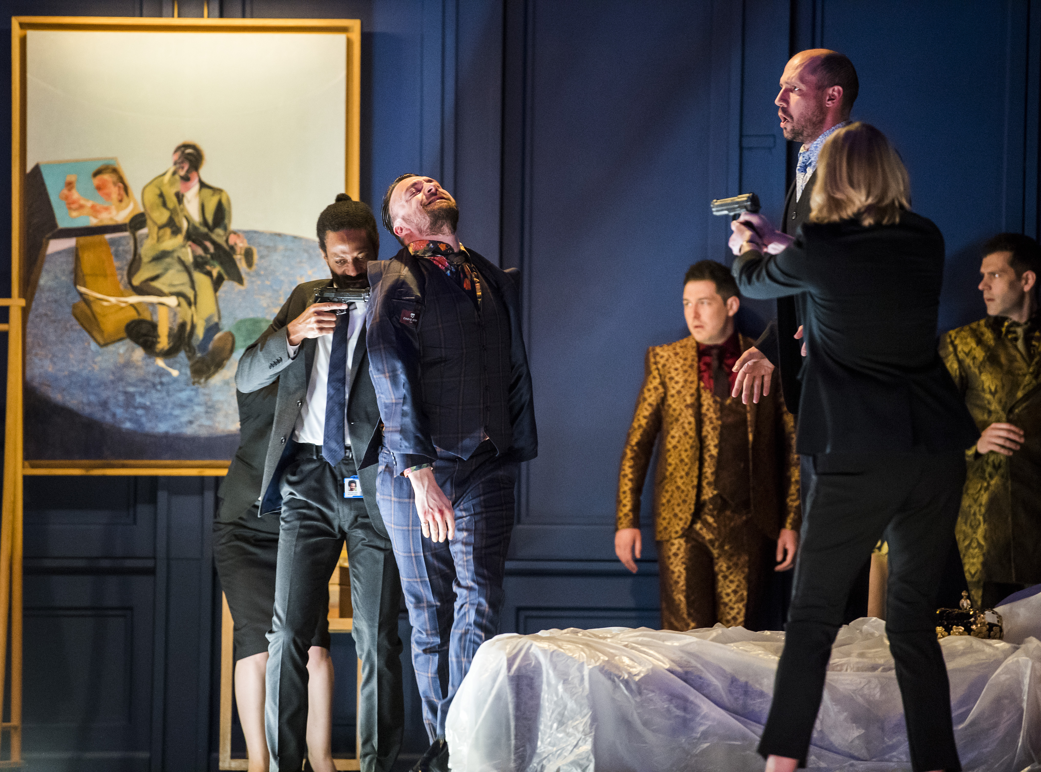 Embargo on image use until 9.45pm on 10-05-18.LESSONS IN LOVE AND VIOLENCE Ð Image restrictions
Dear All
The production of Lessons in Love and Violence features four reproductions of paintings by Francis Bacon.
Use of photography that include Bacon works will need to be approved by the Estate of Francis Bacon except for editorial use by press photographers, however, all photographers need to be aware that the set includes the Bacon reproductions and they can only use images (or footage) in accordance with the fair dealing exceptions in the Copyright, Designs and Patents Act 1988, Section 30.
Images can therefore be used in news items and reviews relating to this production, but for no other purpose. No photographs containing any of the reproductions of Francis Bacon images are allowed to be lodged with any photo library.